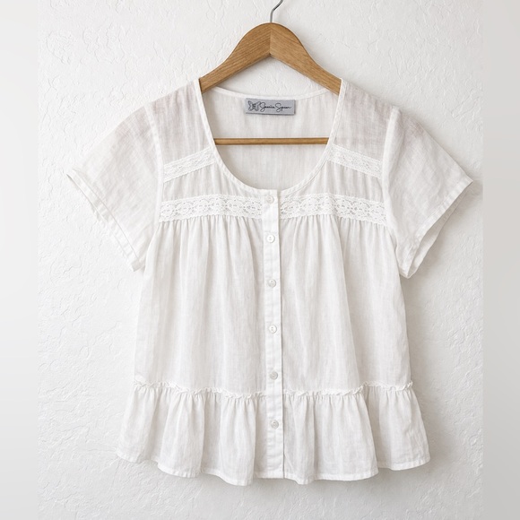 Jessica Simpson Tops - Jessica Simpson Cotton Lace Yoke Peplum Short-Sleeve Boho Button-Front Top S